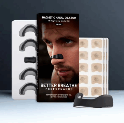 Stop snoring device full starter kit displayed with magnetic bands, nasal tabs, and sleek black packaging labelled Better Breathe Performance.