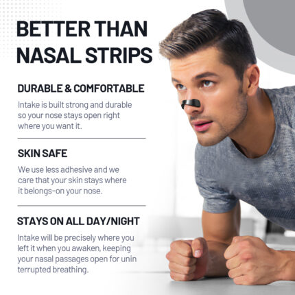 Man wearing magnetic nasal dilator while working out. Text highlights comfort, durability and skin-safe design of stop snoring device.